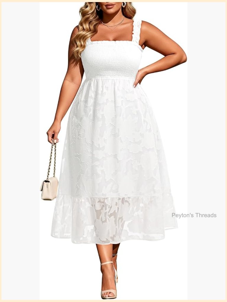 Plus Size Smocked High Waist Maxi Dress - Square Neck Sleeveless Spaghetti